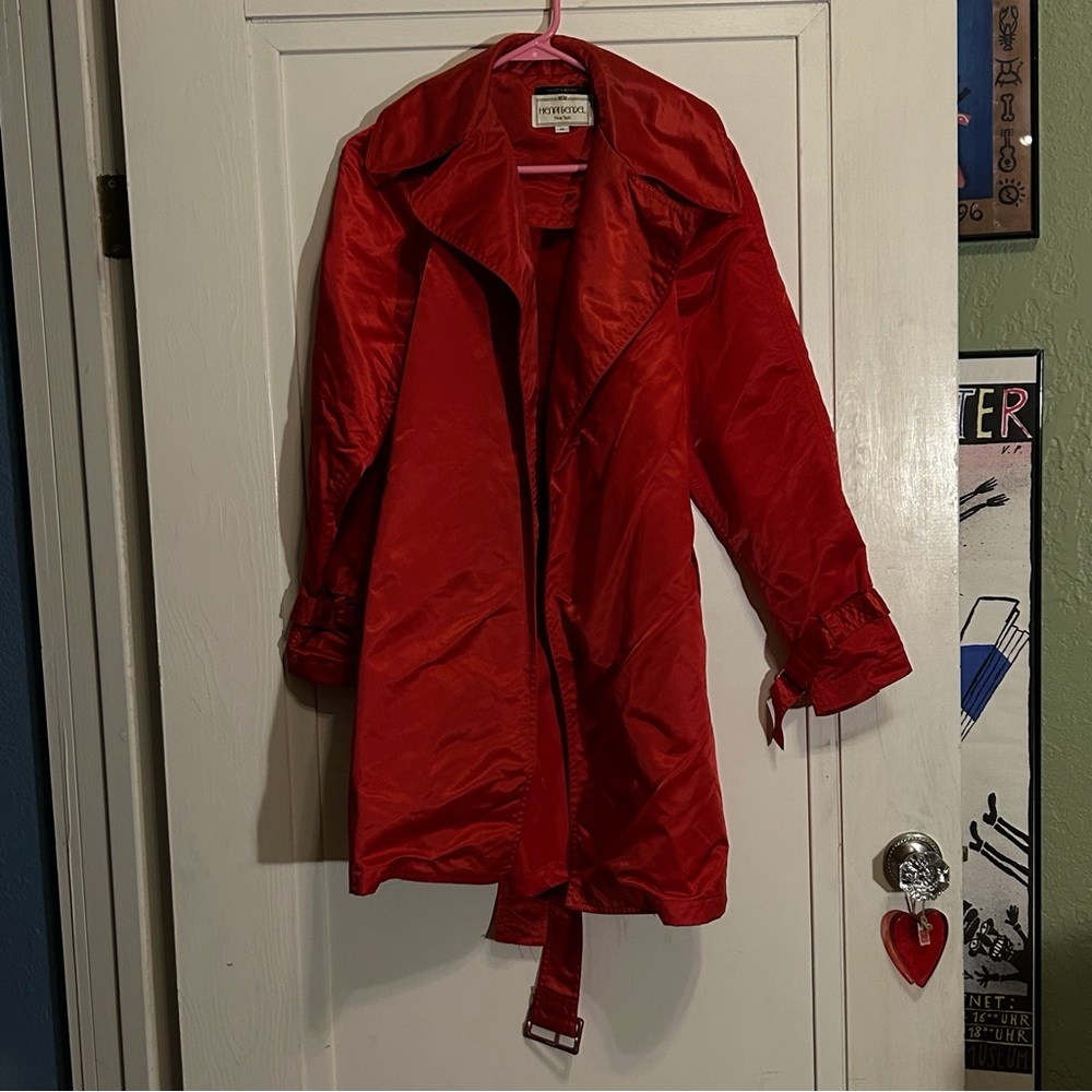Henri Bendel Susan Lazar Red Satin Double Breasted Short Trench Coat Vintage